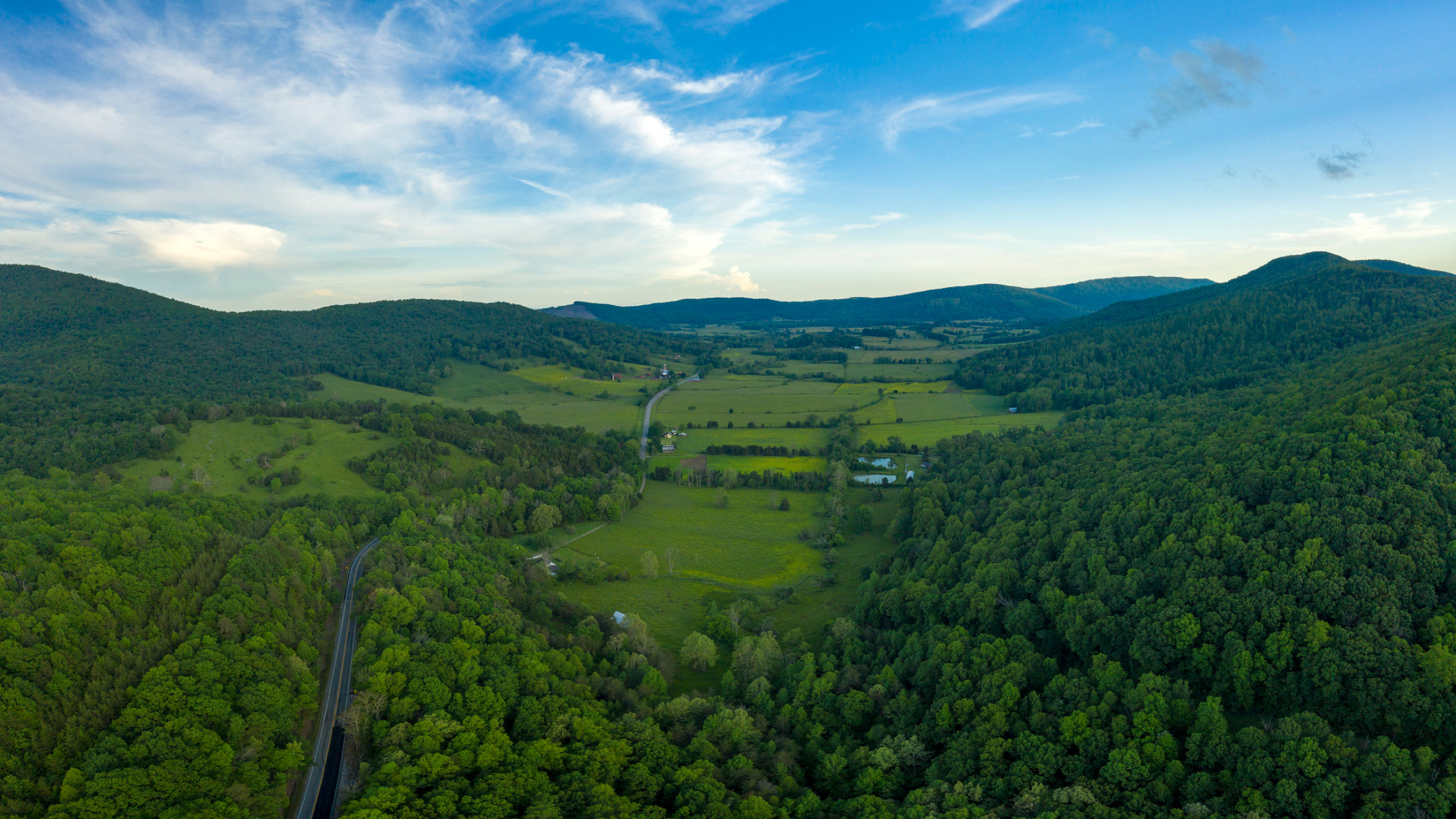 Aerial shot of Grassy Cove land with forested land and rolling hills.
