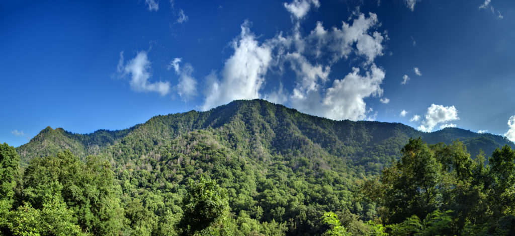 Scenic mountain views in the Spring in front of blue sky with a few small clouds