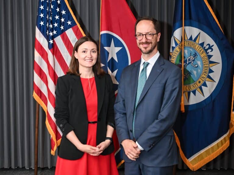 Alice Hudson Pell, Executive Director of TennGreen Land Conservancy, with Nashville Mayor Freddie O'Connell at Metro Parks Council Appointment. (Photo courtesy of Mayor's Office)
