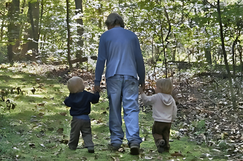 Basin Spring Conservation Easement TennGreen Land Conservancy Caleb and James Little with their grandfather Joe Little, on the mossy paths about 2012 higher res