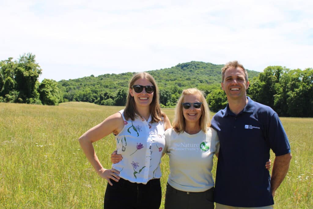 L to R: Christie Henderson, Deputy Director of TennGreen, Gabby Lynch, Director of Land for The Nature Conservancy in Tennessee, Zachary Lesch-Huie, Tennessee state director for The Conservation Fund at Cardwell Mountain Dedication (photo: TennGreen)